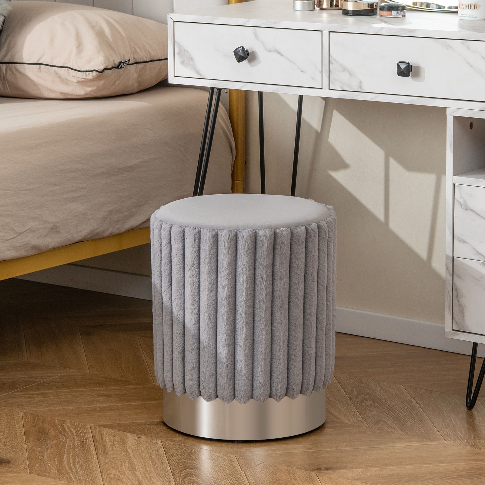 Upholstered Footrest Stool with Decorative Vertical Tufting and Heavy-duty Metal Base Grey
